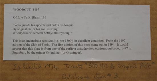 Early wood cuts Of Idle Talk (Brandt 19) from the 1497 edition of The Ship of Fools, 3 x 3.25in.